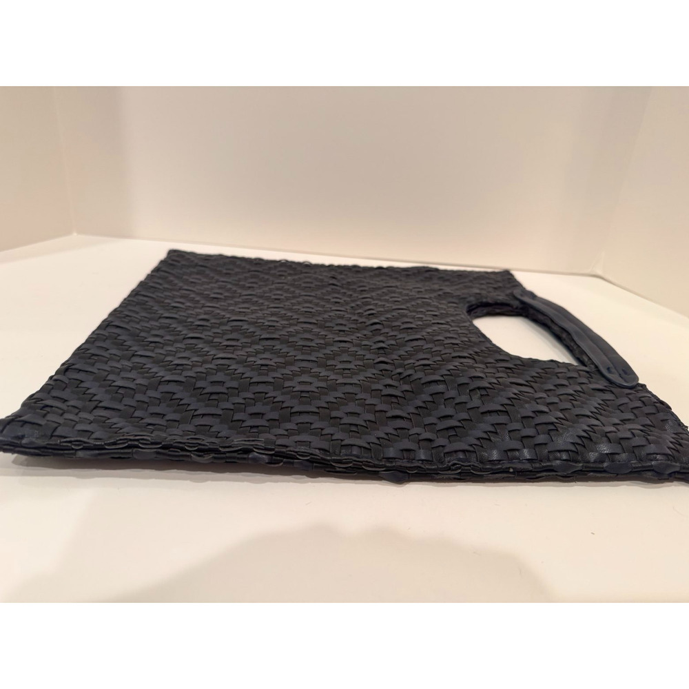 Anthropologie Woven Clutch Tote Basketweave Black Flat Handbag Cutout Handle 14"